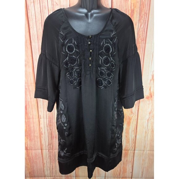 Ivy Jane Womens Black Embroidered Boho Chic Tunic Blouse Small - Picture 1 of 8